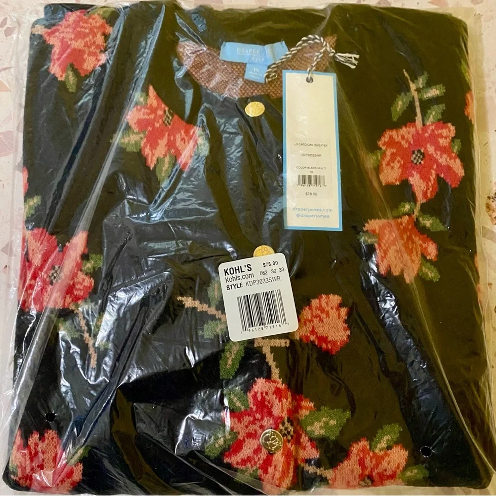 Draper James New Size 1X Long Sleeve Cardigan Black Red Floral Southern Inspired